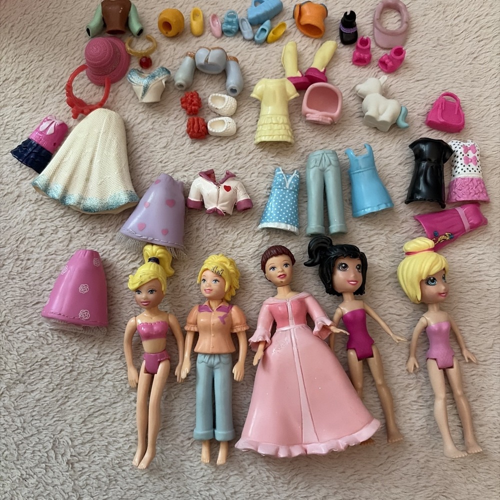 Polly Pocket Doll & Accessories Lot Clothes Tops Skirts Purses Etc
